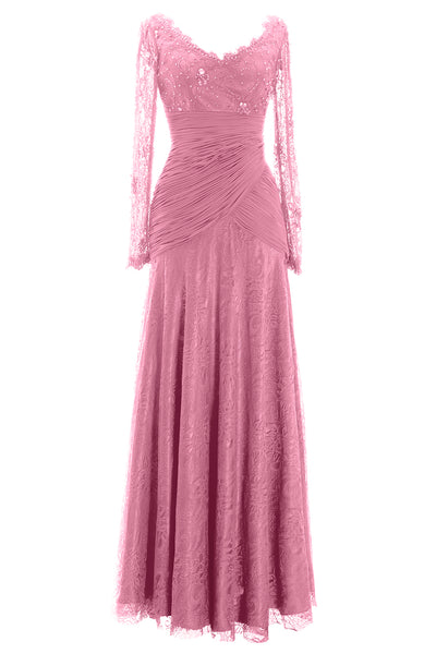 MACloth Women Long Sleeve V Neck Bead Mother of Bride Formal Dress Evening Gown