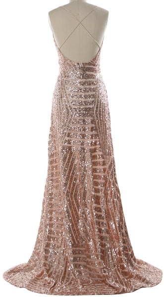 MACloth Women Deep V Neck Sequin Long Prom Dress Sexy Formal Party Evening Gown