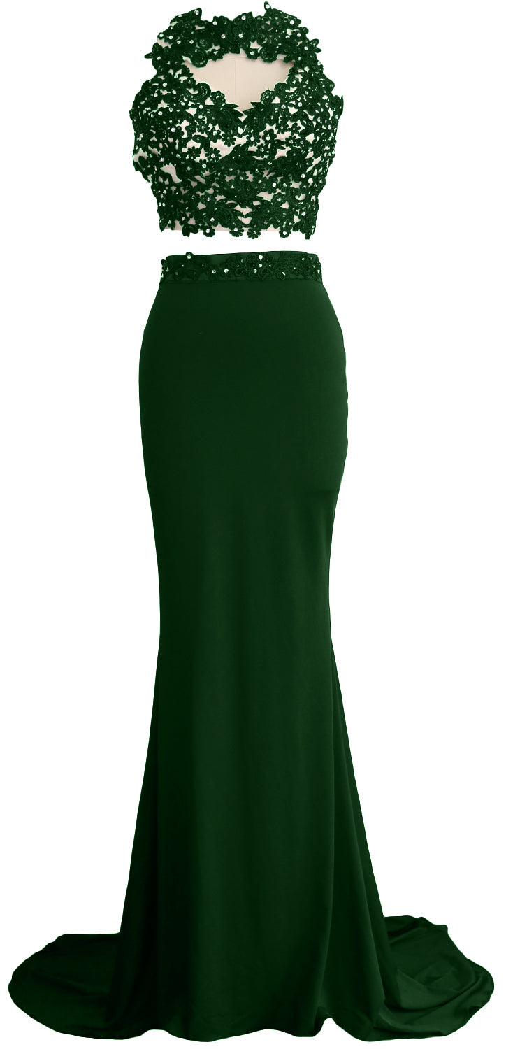 MACloth Damen Meerjungfrau 2-teiliges langes Ballkleid aus Spitze und Jersey, Abendkleid