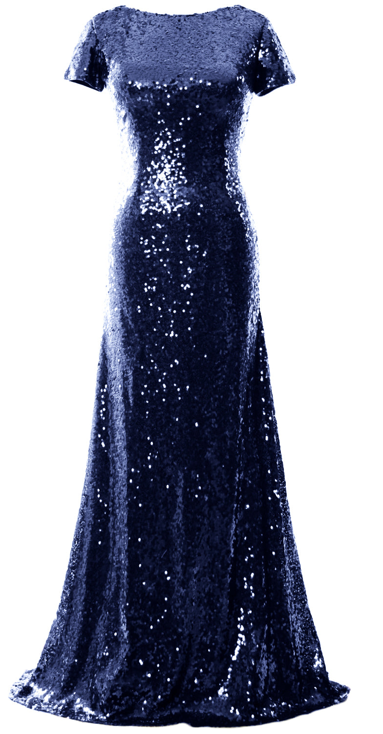 Vestido de dama de honor largo con lentejuelas y mangas cortas de sirena de MACloth, vestido de noche formal