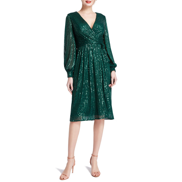 MACloth Women V Neck Long Sleeve Short Wrap Sequin Wedding Guest Cocktail Dress