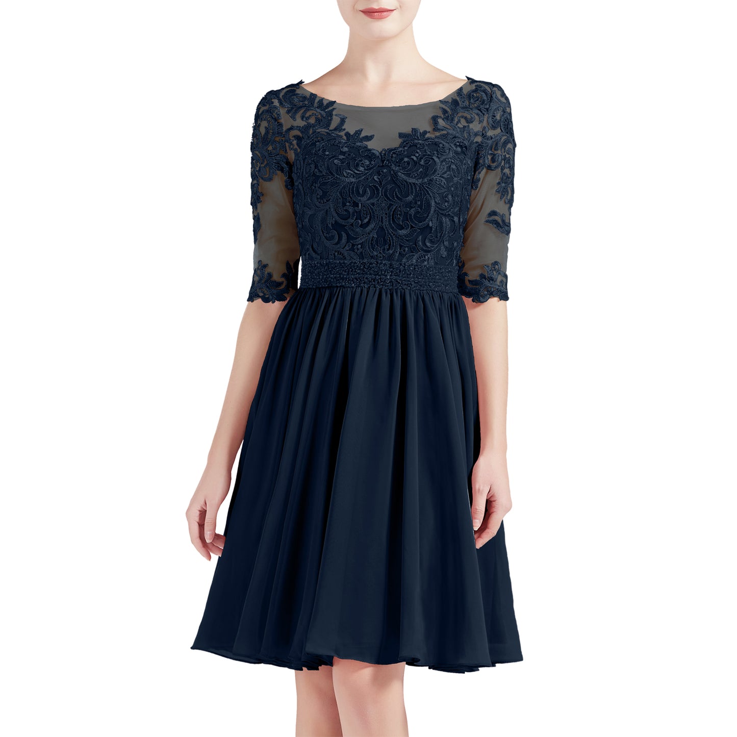 MACloth Women Half Sleeves Short Lace Beading Boat Neckline Mother of Bride Dresses Wedding Bridal Party