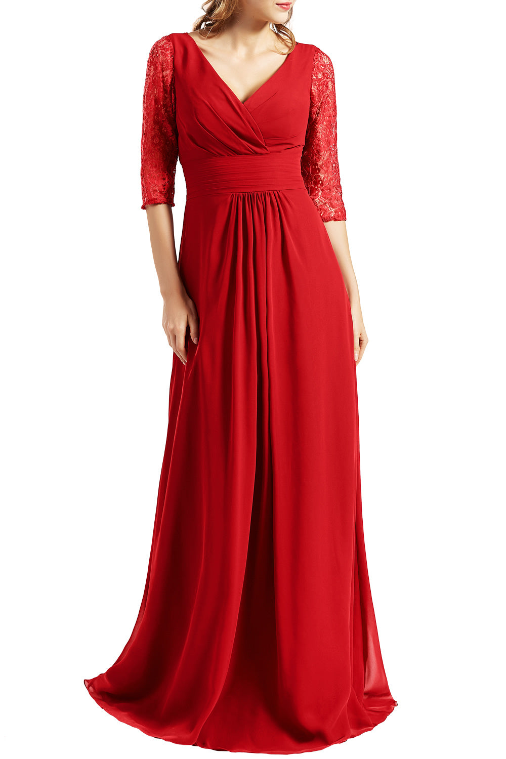 MACloth Langes Abendkleid für die Brautmutter mit V-Ausschnitt und 3/4-Ärmeln für Damen