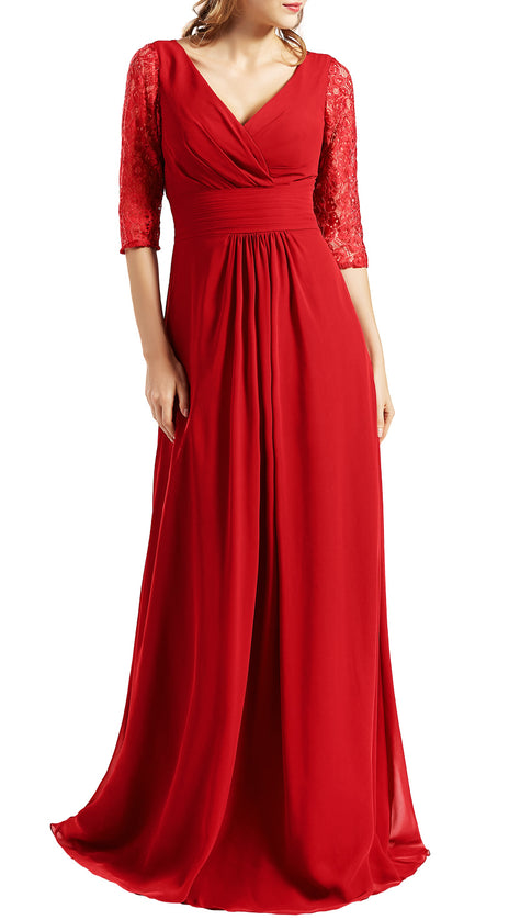 MACloth Women Long Mother of the Bride Dresses V Neck 3/4 Sleeves Evening Gown