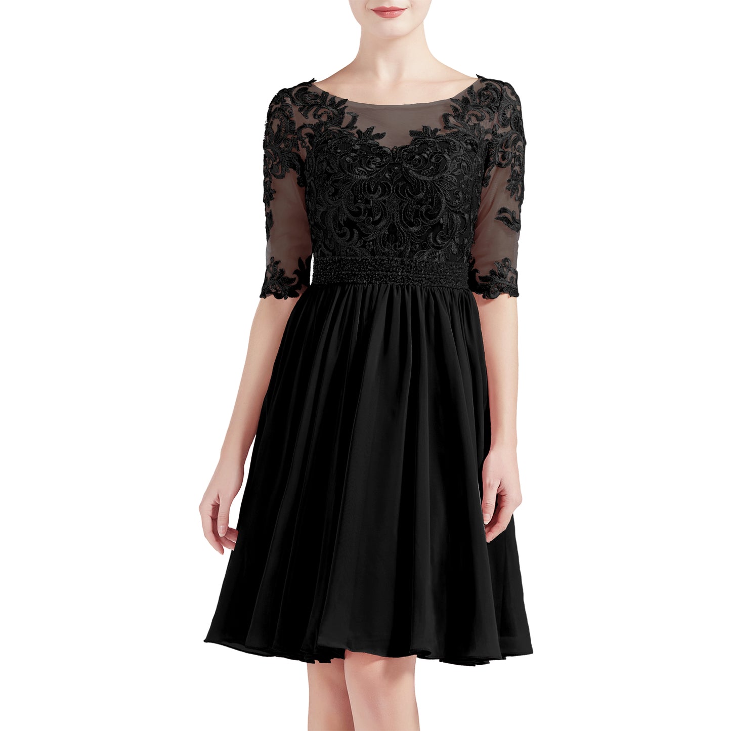 MACloth Women Half Sleeves Short Lace Beading Boat Neckline Mother of Bride Dresses Wedding Bridal Party