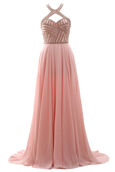 MACloth Women Halter Beaded Long Prom Ball Gown Open Back Formal Evening Dress