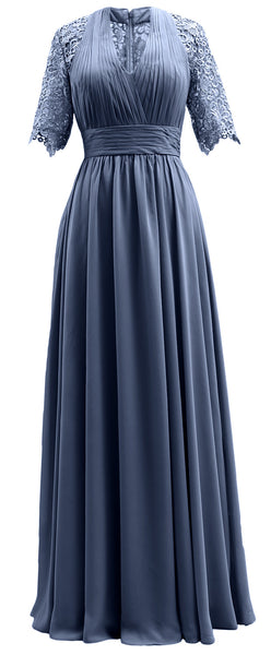 MACloth Long Mother of Bride Dresses Half Sleeves V Neck Formal Evening Gown