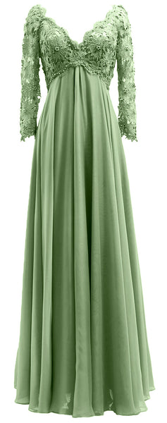 MACloth Women Mother of Bride Dresses V Neck Lace Long Sleeves Evening Gown