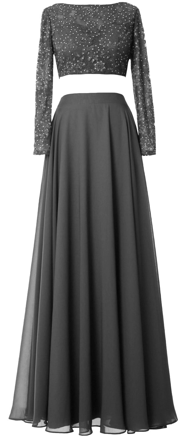 MACloth Damen Abendkleid aus Spitze und Chiffon, 2-teilig, lange Ärmel, Ballkleid