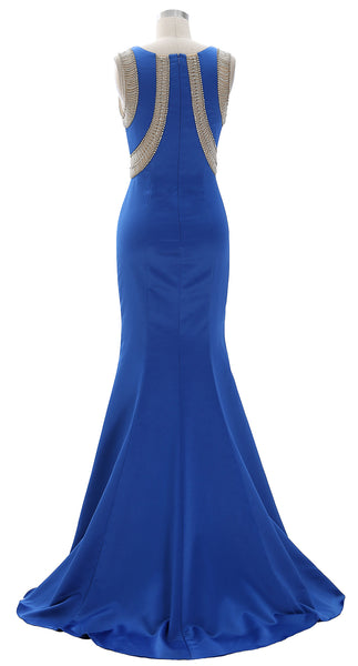 MACloth Women Boat Neck with Beaded Formal Evening Gown Sheath Satin Prom Dress