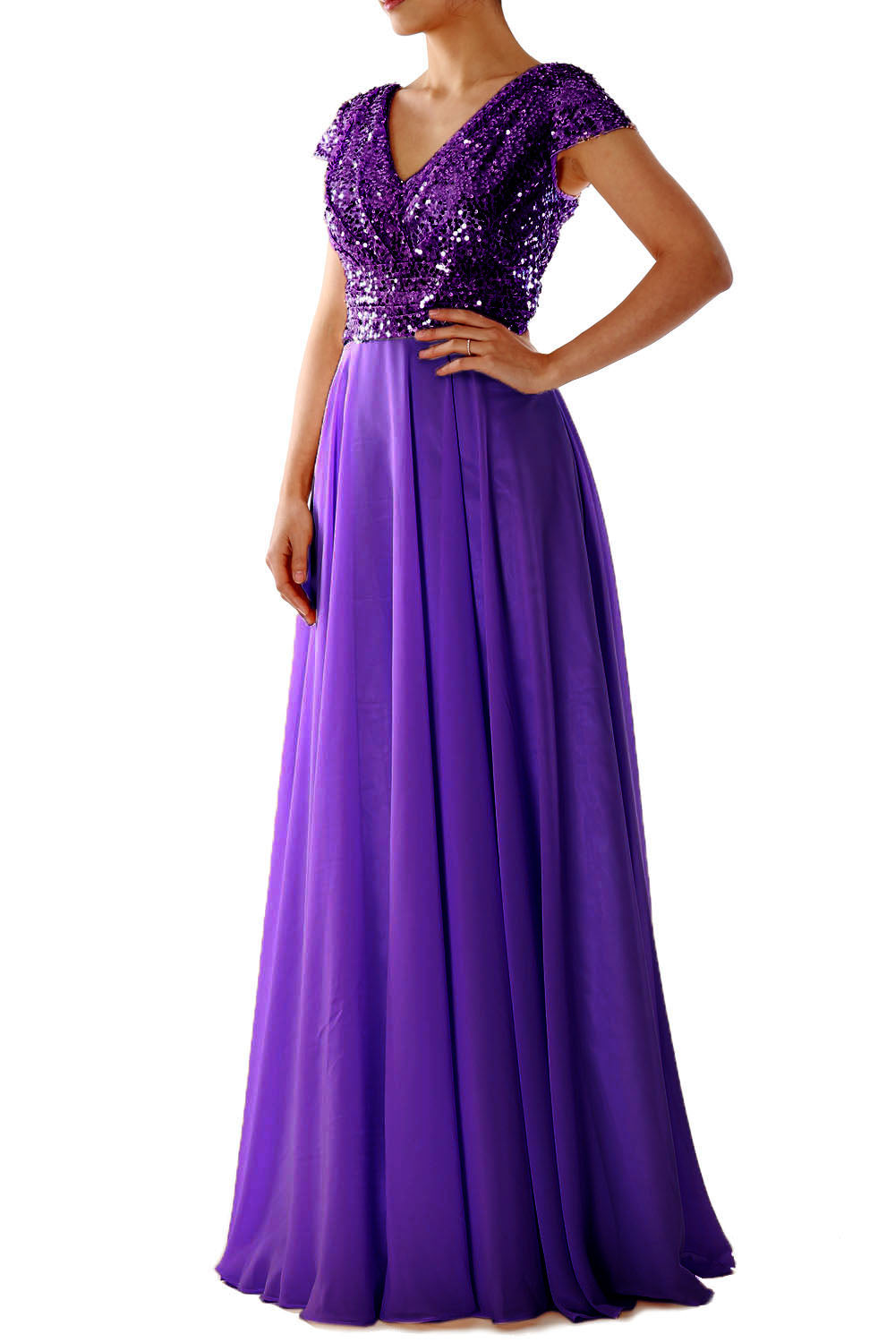 Cap Sleeves V Neck Sequin Chiffon Rose Gold Bridesmaid Dress