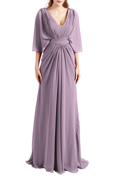 MACloth Women Elegant Long V Neck Mother of Bride Dresses Evening Gown Sleeves