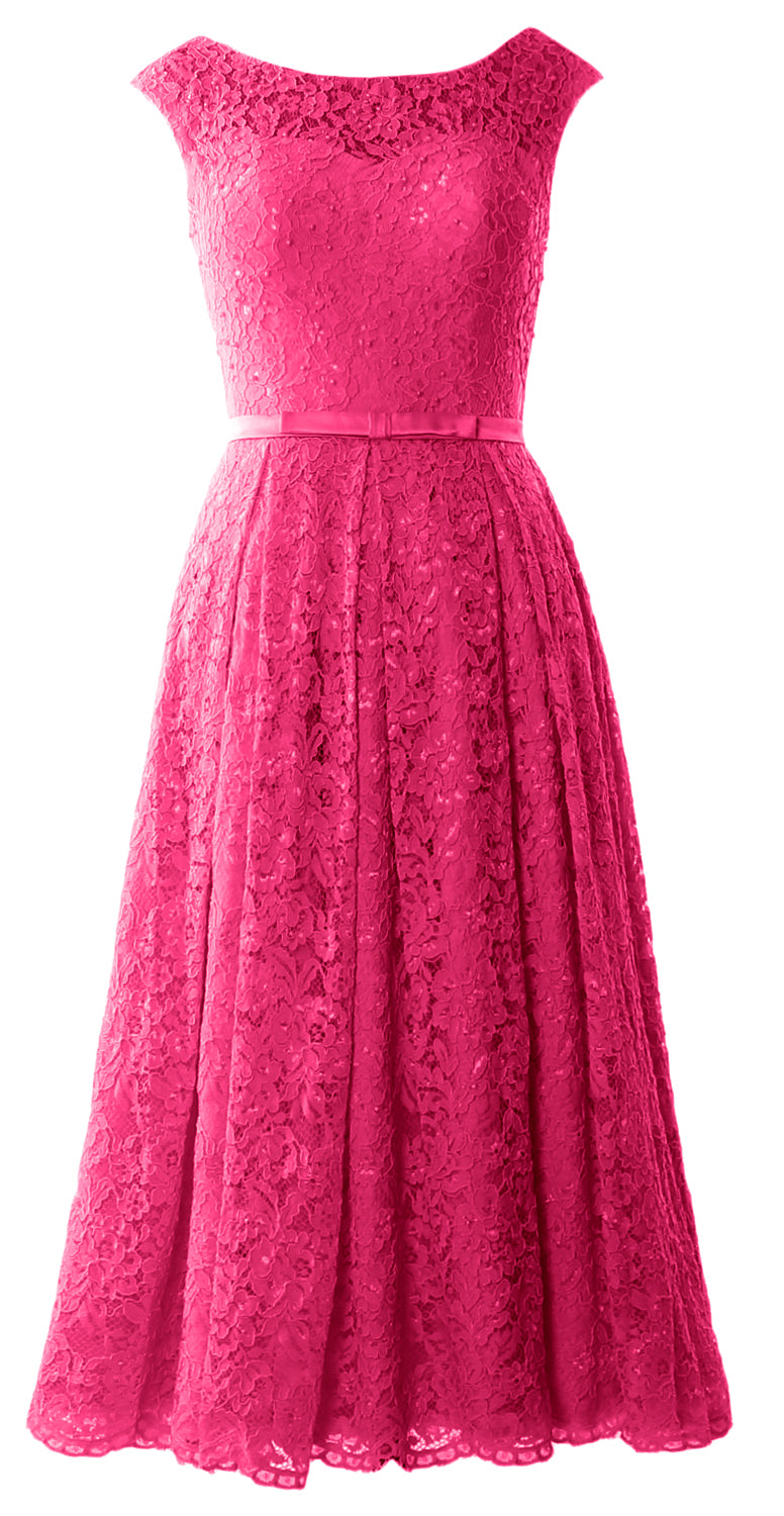 MACloth Women Tea Length Mother Bride Gown Dresses Cap Sleeve Lace Midi Corset