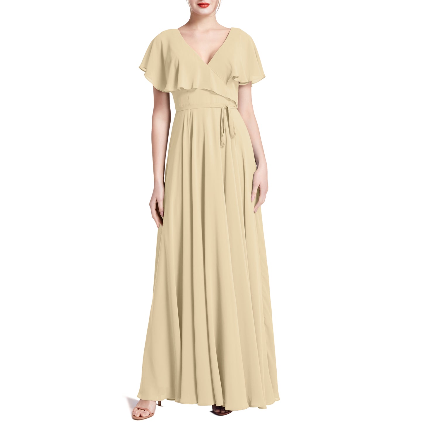 MACloth Women V Neck Ruffle BatWing Short Sleeve Maxi Wedding Bridesmaid Dresses