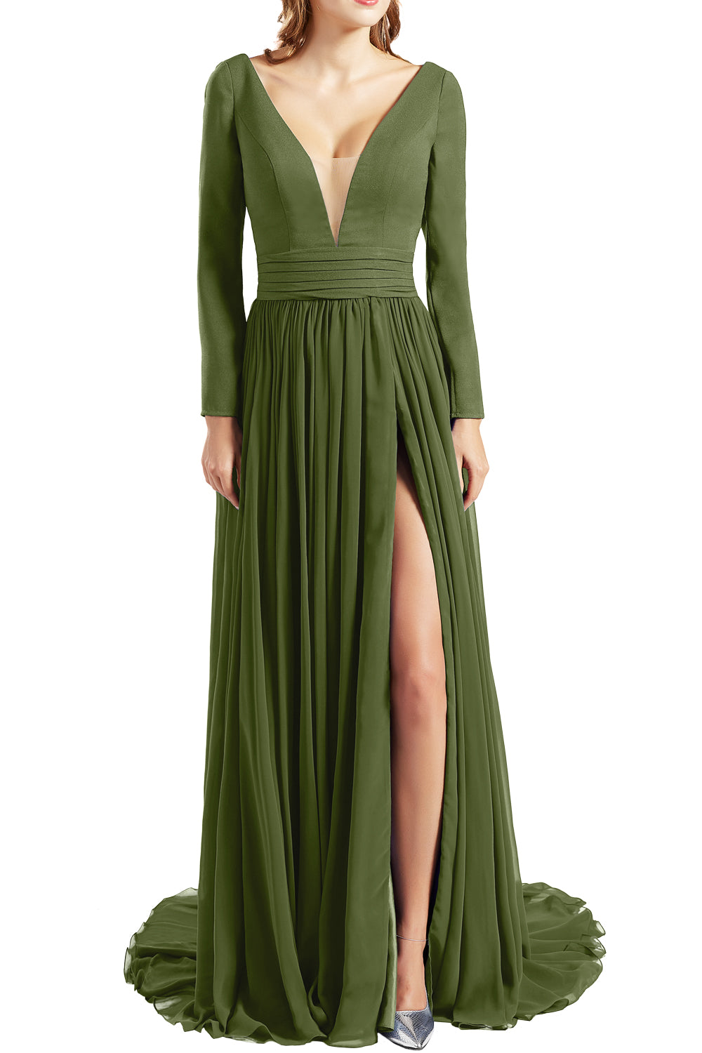 MACloth Women Plunging V Neck Long Sleeves Prom Dresses formal Evening Gown Slit