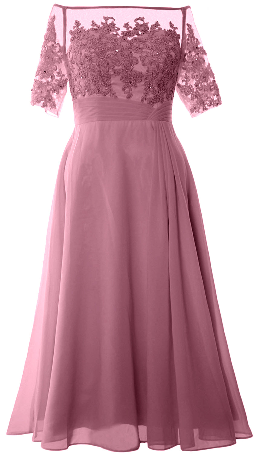 Vestidos de madre de la novia de MACloth, mangas cortas, midi, hombros descubiertos, semi formales