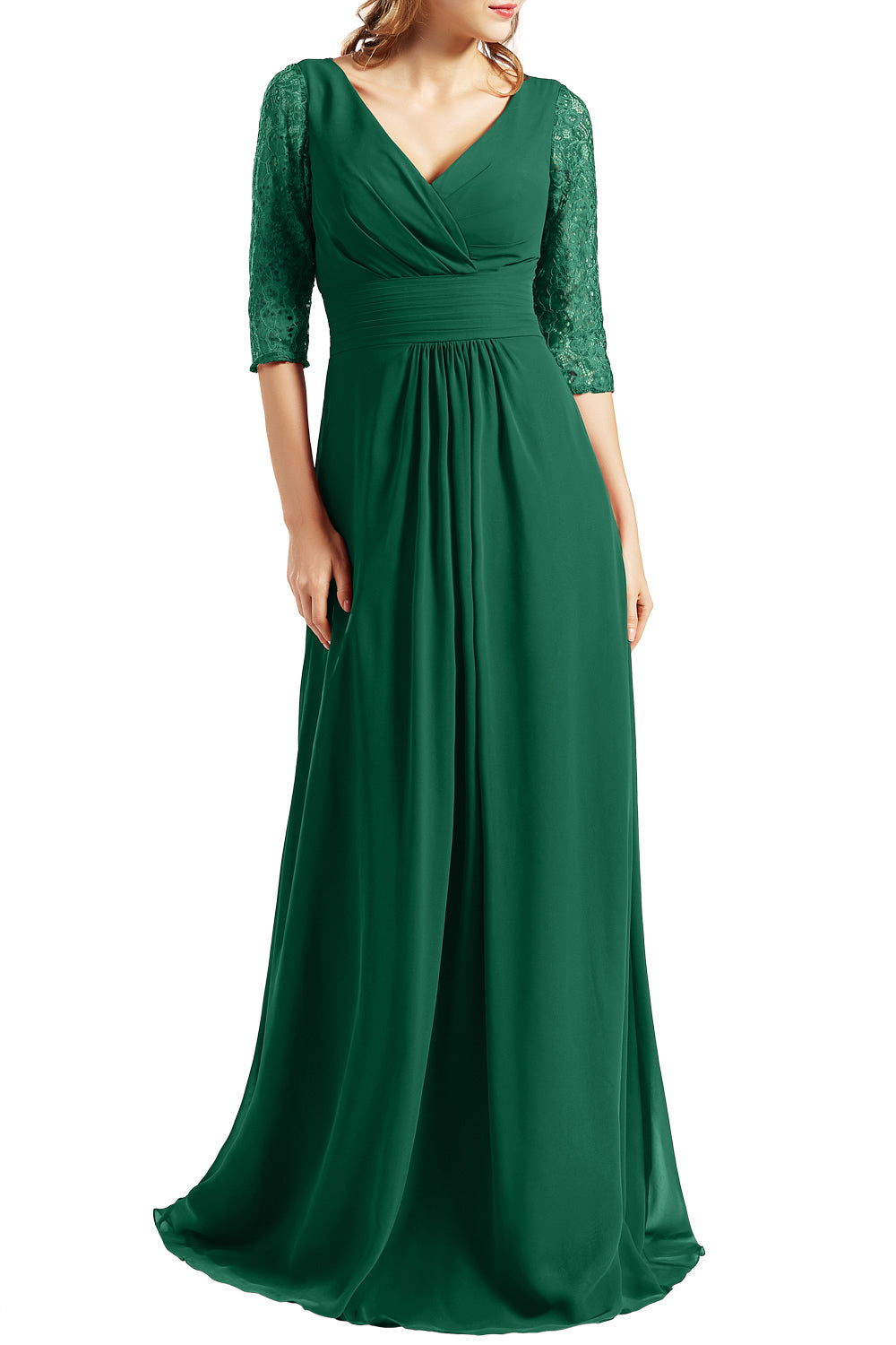 MACloth Langes Abendkleid für die Brautmutter mit V-Ausschnitt und 3/4-Ärmeln für Damen