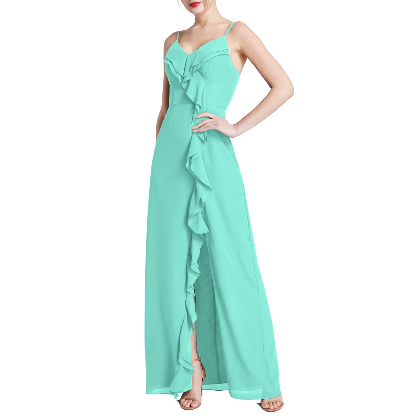 MACloth Women V Neck Ruffle Chiffon Long Wedding Party Bridesmaid Dresses Slit