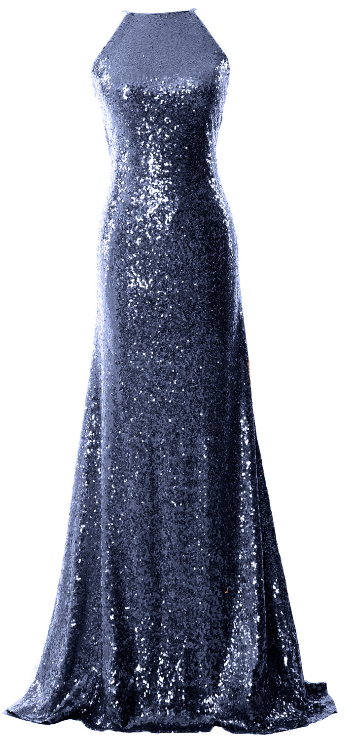 MACloth Women Bridesmaid Dress Sequin Long Halter Cowlback Prom Ball Gown