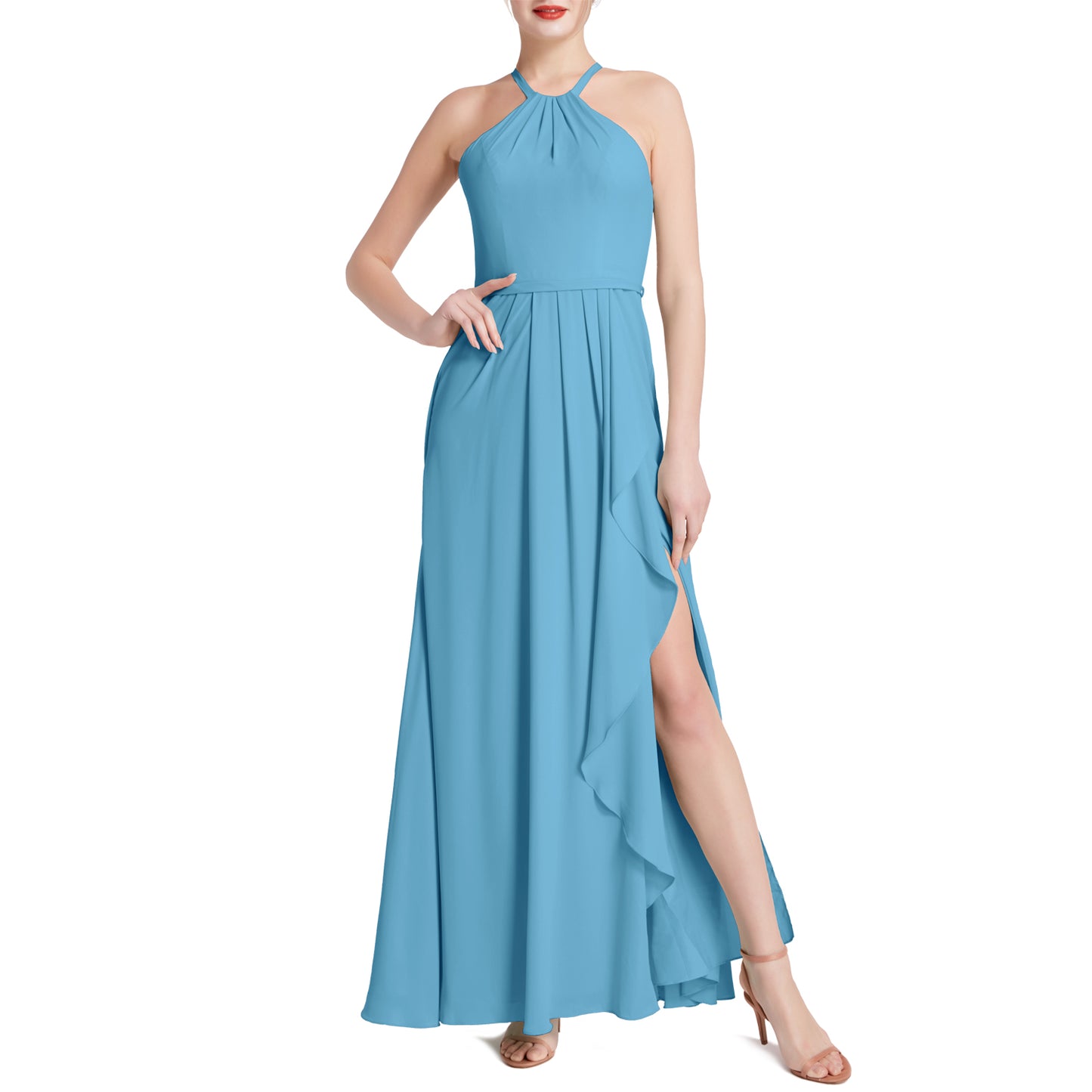 MACloth Damen Neckholder Langes Maxikleid für Hochzeit, Party, Brautjungfern, mit drapiertem Schlitz