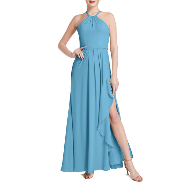 MACloth Women Halter Long Maxi Wedding Party Bridesmaid Dresses with Drape Slit