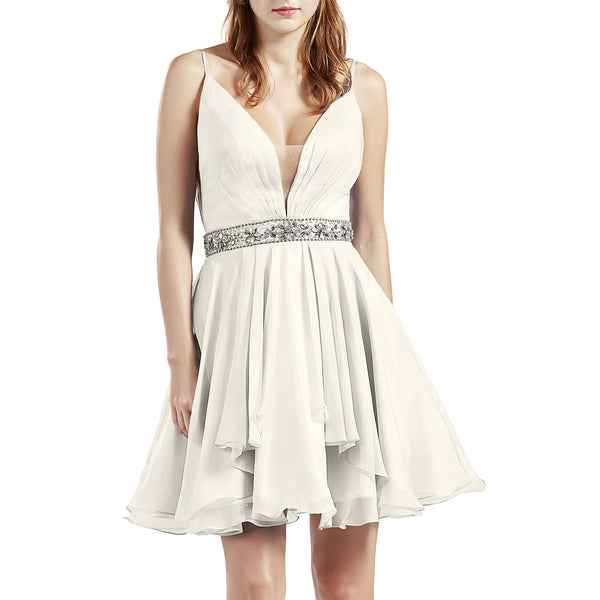 MACloth Women Short V Neck Beading Chiffon Cute Prom Homecoming Dresses Cocktail