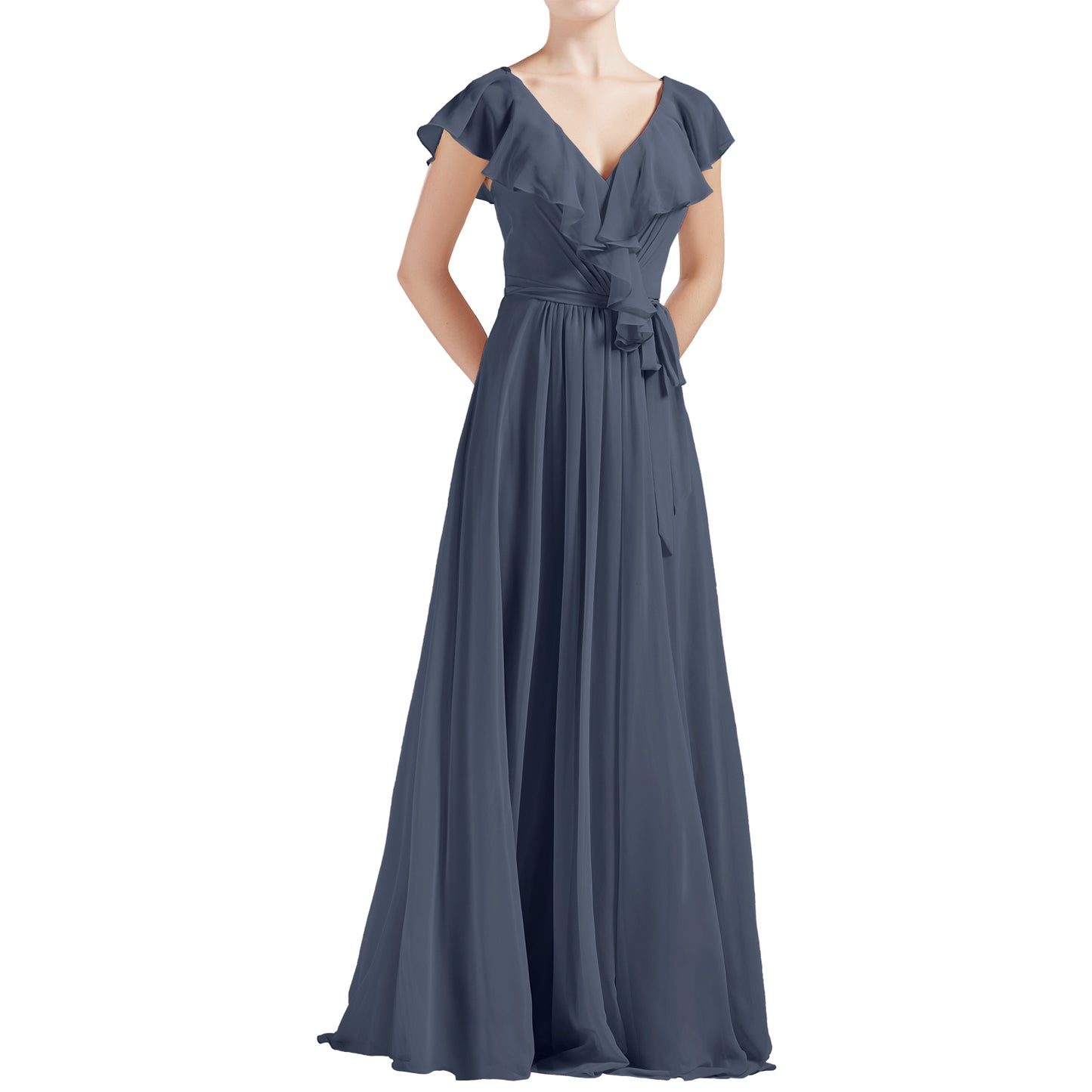 MACloth Women V Neck Ruffle Cap Sleeves Long Bridesmaid Dresses