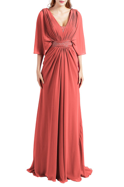 MACloth Women Elegant Long V Neck Mother of Bride Dresses Evening Gown Sleeves