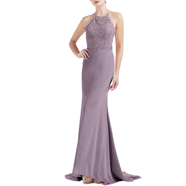 MACloth Women Sleeveless Halter Jersey Mermaid Long Prom Party Dresses Evening
