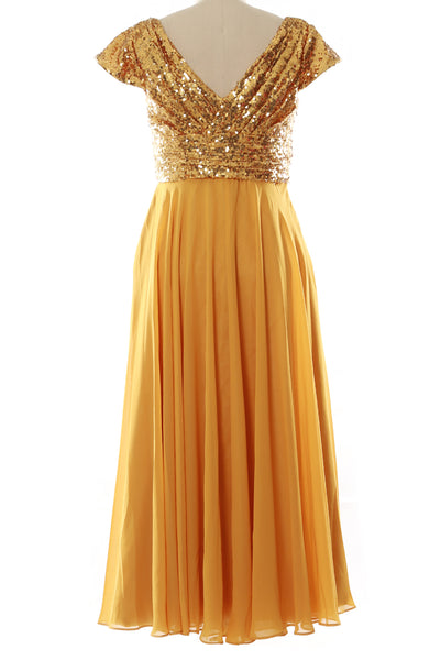 MACloth Women Mother of Bride Dresses Tea Length Sequin Cap Sleeves Bridesmaid