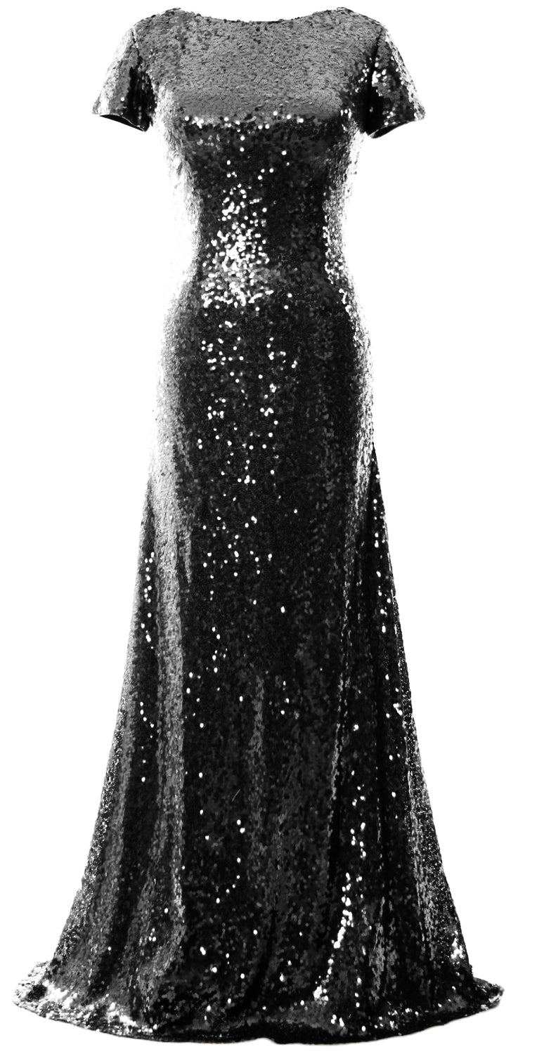 Vestido de dama de honor largo con lentejuelas y mangas cortas de sirena de MACloth, vestido de noche formal