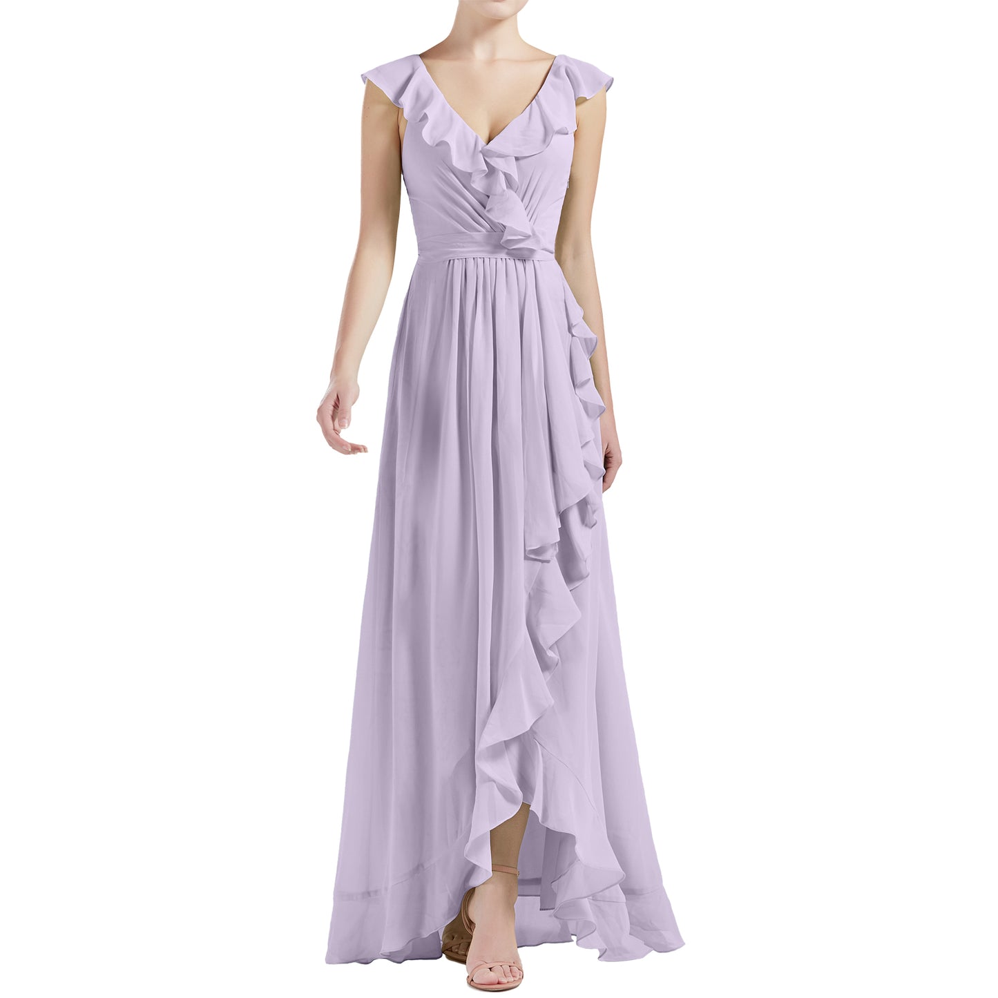 MACloth Women V Neck Ruffle Cap Sleeve Hi-Lo Long Wedding Bridesmaid Dresses