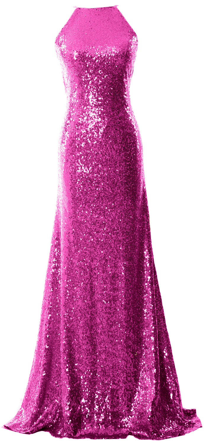 MACloth Women Bridesmaid Dress Sequin Long Halter Cowlback Prom Ball Gown