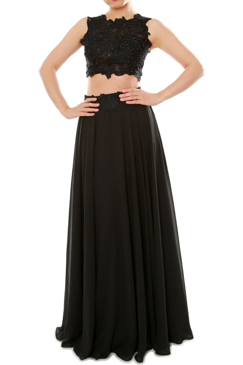 MACloth Vestido largo de gasa con encaje y cuello alto de dos piezas para mujer, vestido de fiesta formal para graduación