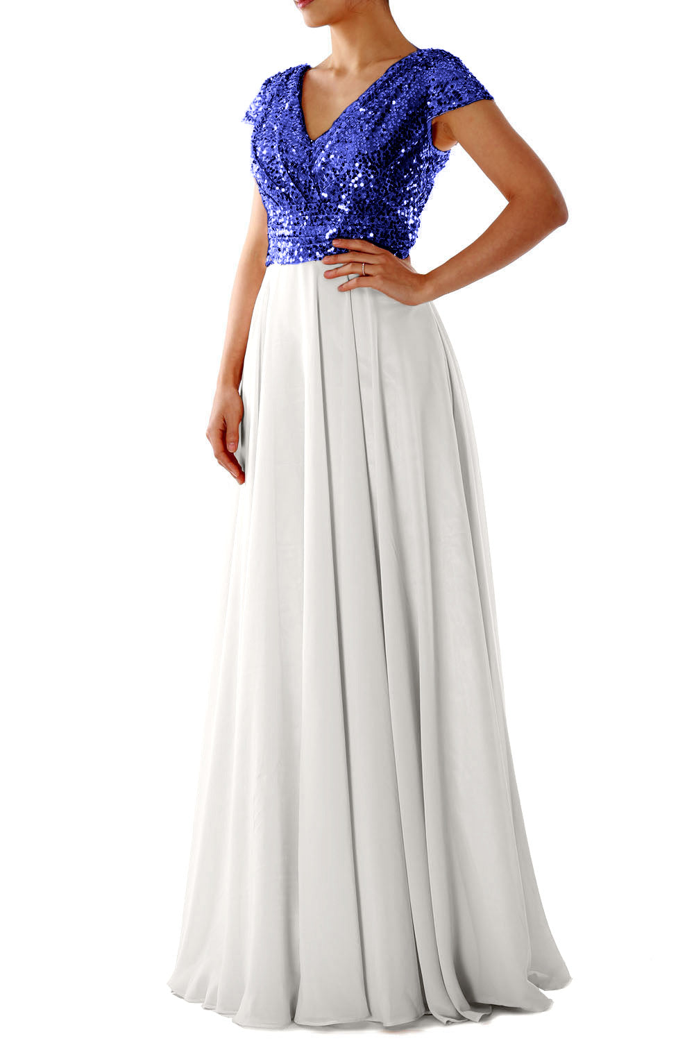 Cap Sleeves V Neck Sequin Chiffon Rose Gold Bridesmaid Dress