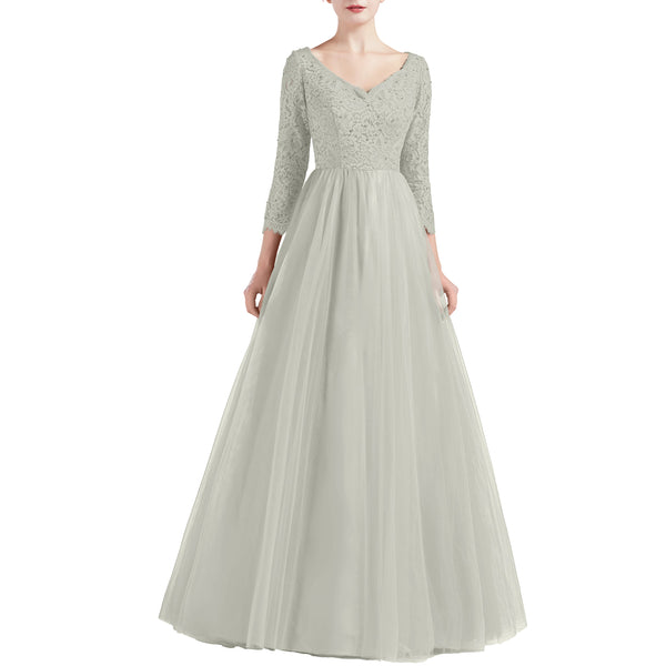 MACloth Women V Neck 3/4 Sleeve Long Tulle Prom Party Dresses Ball Gown Bridal