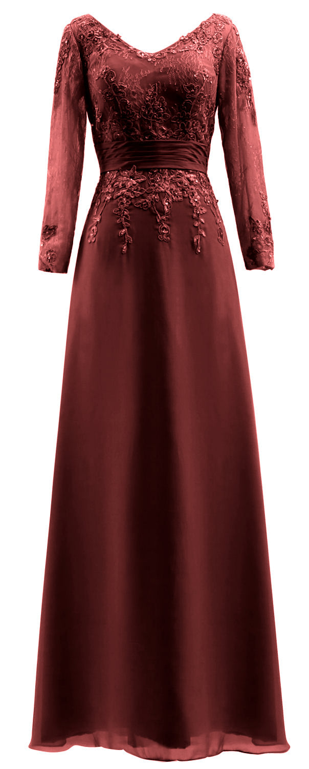 MACloth Vestidos de madre de la novia Mangas largas Cuello en V Encaje Vestido de noche formal