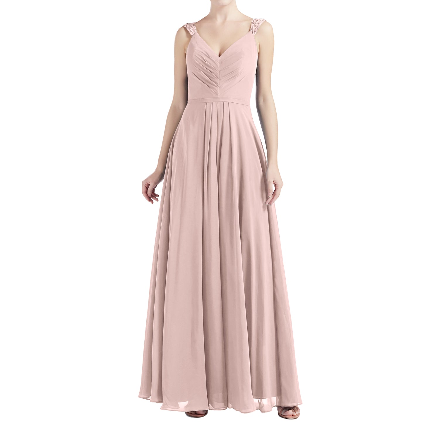 MACloth Women V Neck Lace Chiffon A Line Maxi Wedding Party Bridesmaid Dresses