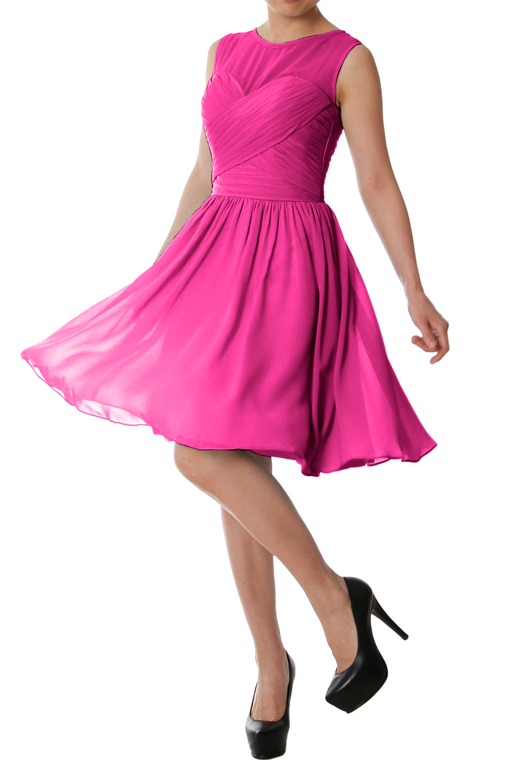 Vestido de dama de honor corto con cuello redondo elegante de MACloth, vestido formal de gasa para fiesta de boda