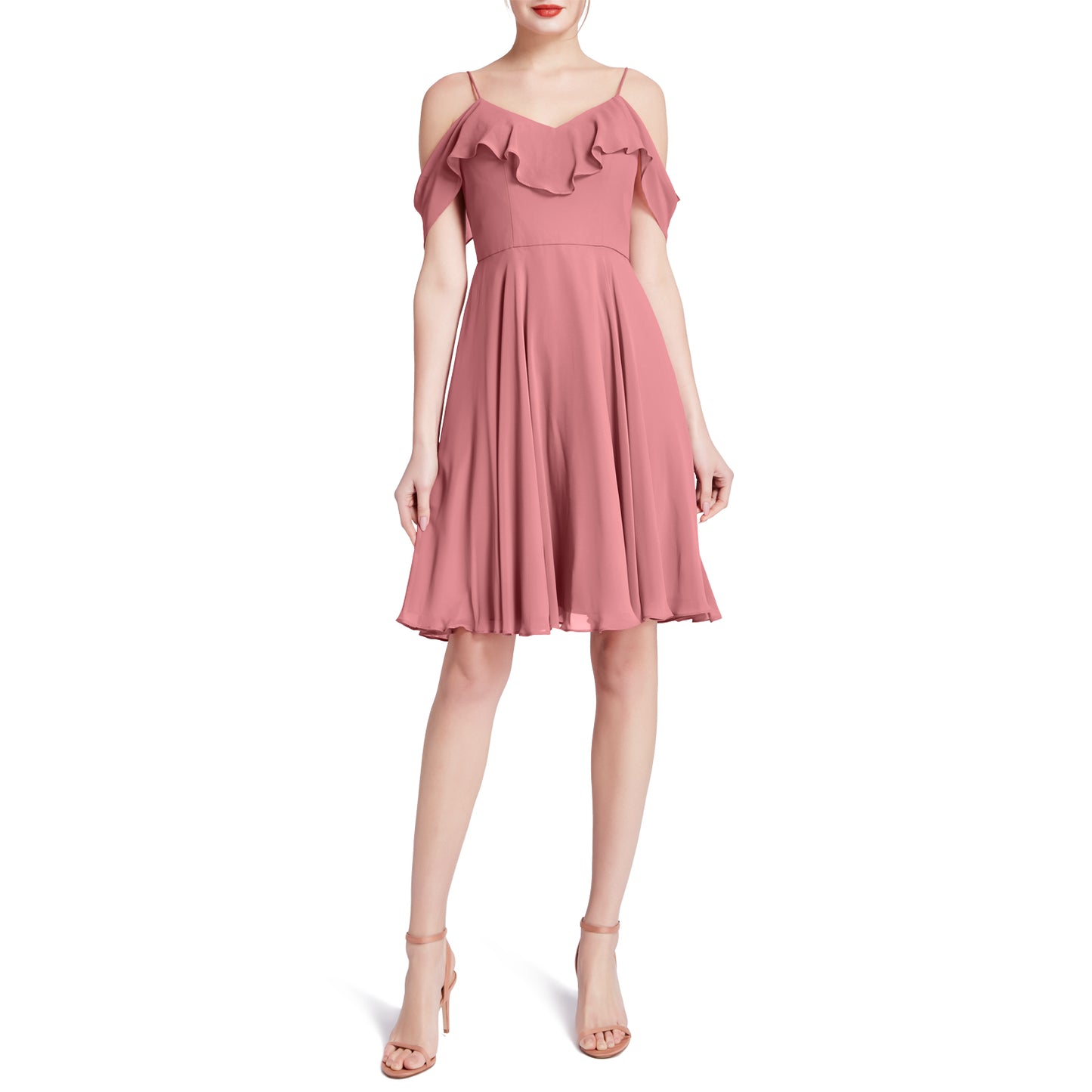 MACloth Damen-Kleid mit kalten Schultern und Rüschen, kurz, für Hochzeit, Party, Brautjungfern