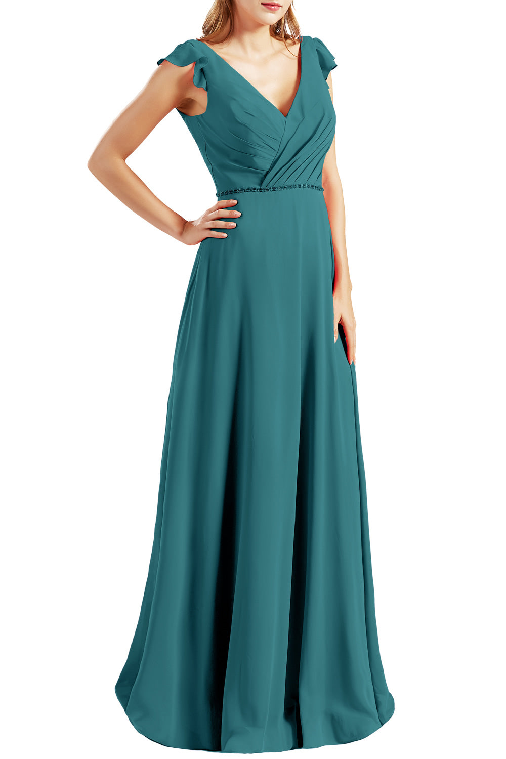 MACloth Women Cap Sleeves V Neck Chiffon Long Bridesmaid Dresses Evening Gown
