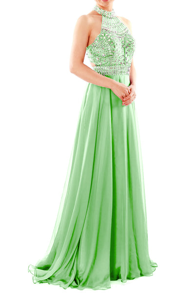 MACloth Women Halter High Neck Sleeveless Long Prom Party Dress Evening Gown
