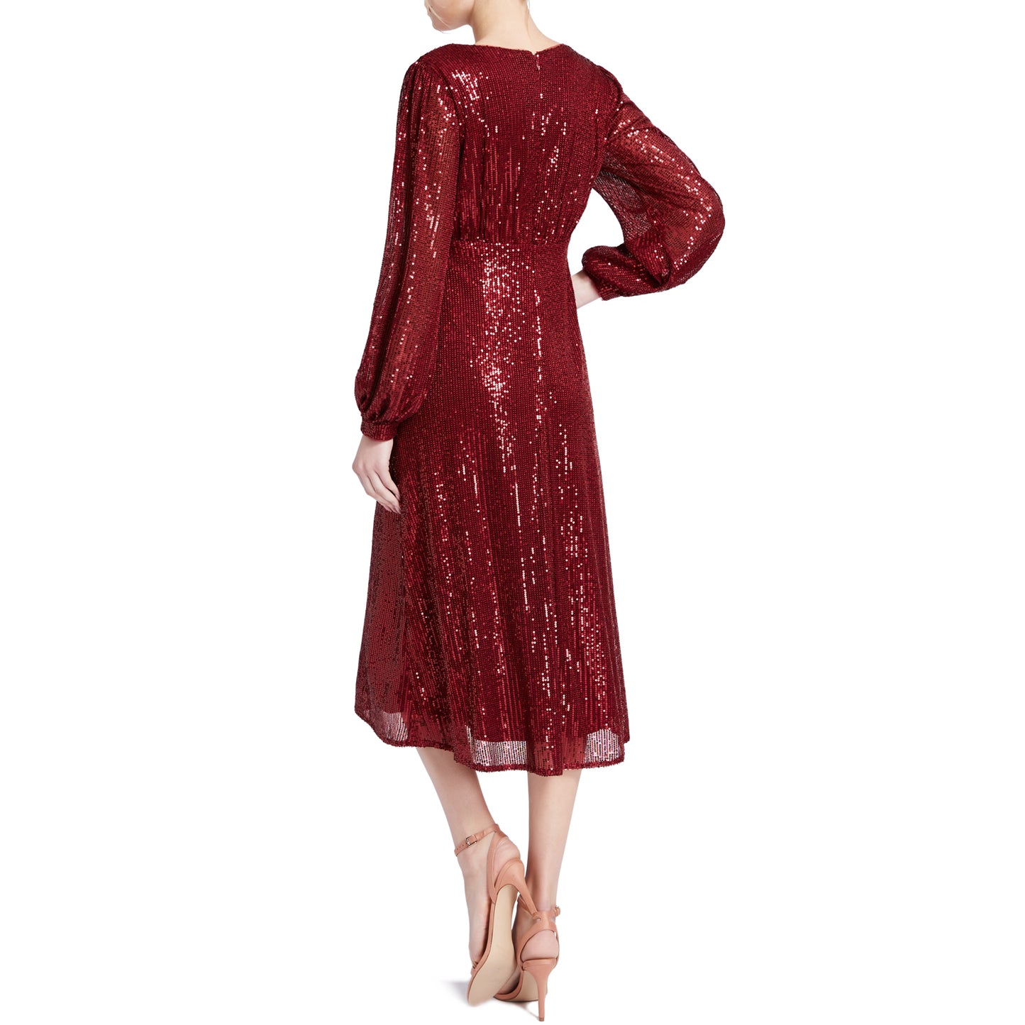 MACloth Women Tea Length Long Puff Sleeve Empire Sequin Cocktail Party Dresses