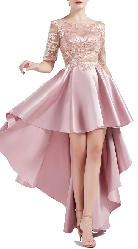 MACloth Women Scoop Neckline Half Sleeve High Low Lace Satin Prom Party Homecoming Dresses