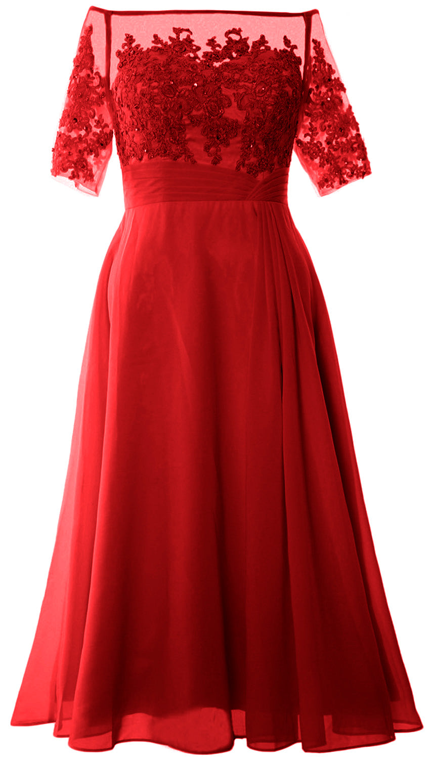 Vestidos de madre de la novia de MACloth, mangas cortas, midi, hombros descubiertos, semi formales