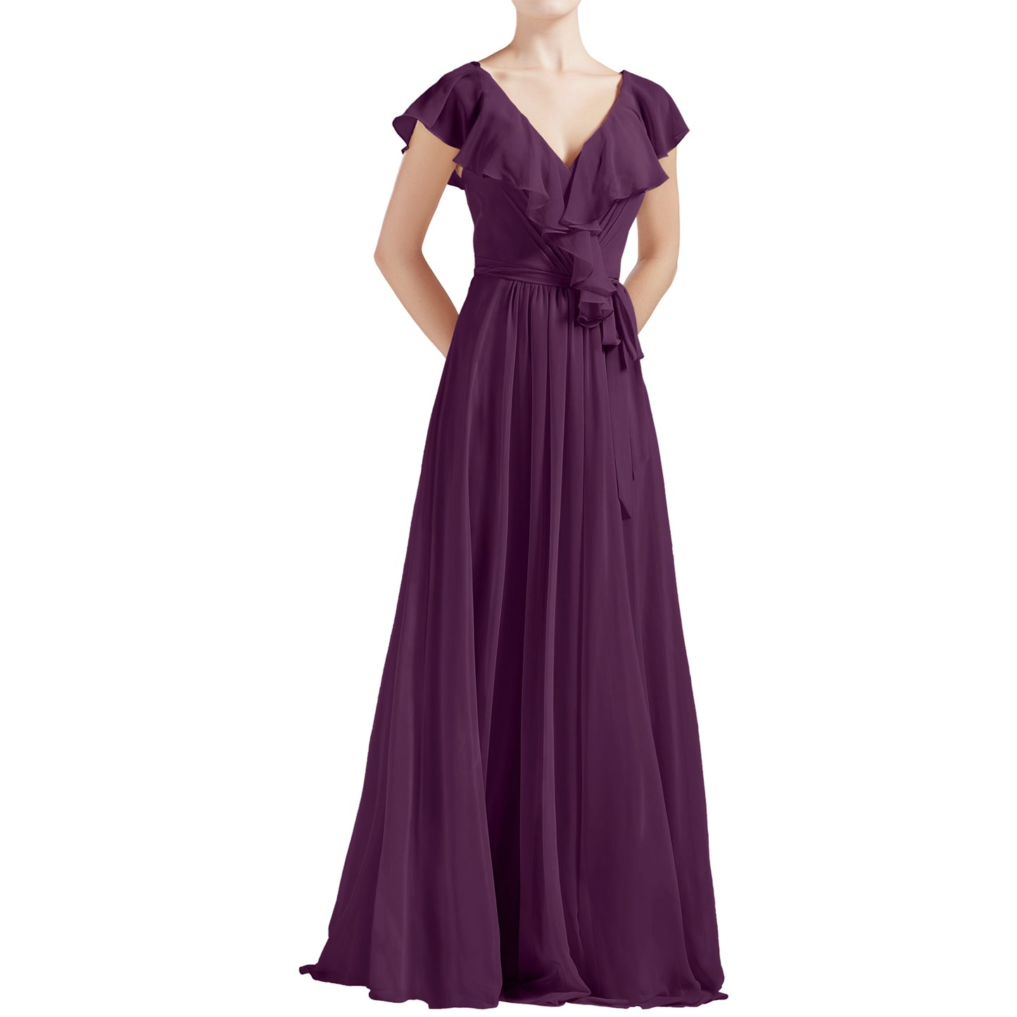 MACloth Women V Neck Ruffle Cap Sleeves Long Bridesmaid Dresses
