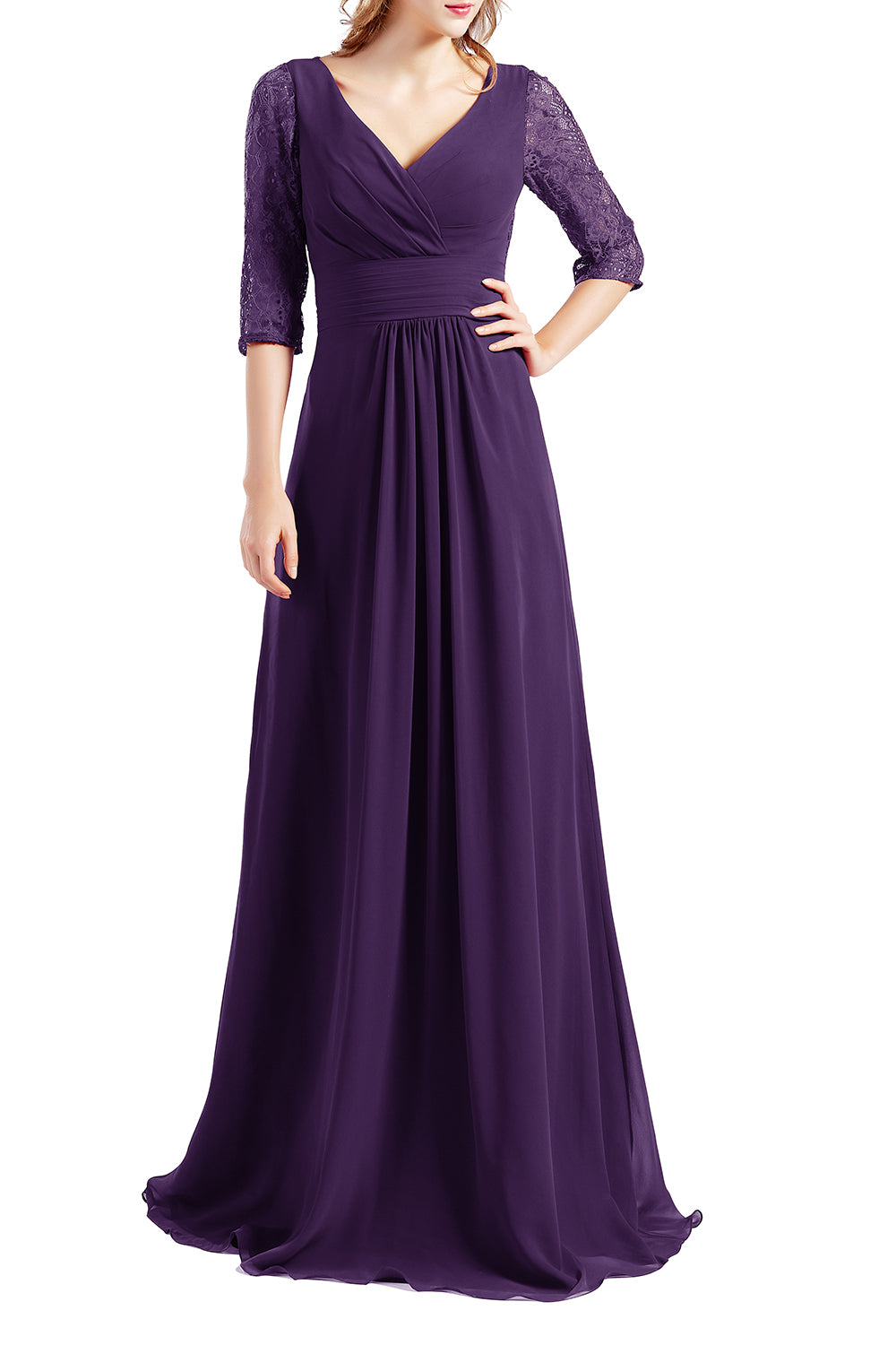 MACloth Damen-Kleid, Halbarm, V-Ausschnitt, Spitze, lang, für Hochzeit, Party, Brautjungfer, Mutter