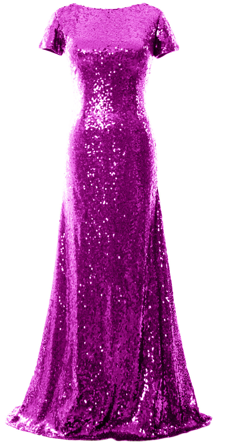 Vestido de dama de honor largo con lentejuelas y mangas cortas de sirena de MACloth, vestido de noche formal