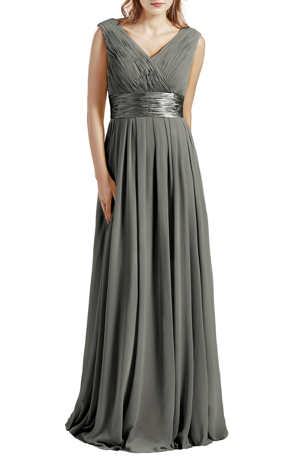 MACloth Damen Langes V-Ausschnitt Chiffon Brautjungfernkleid mit Rüschen BD