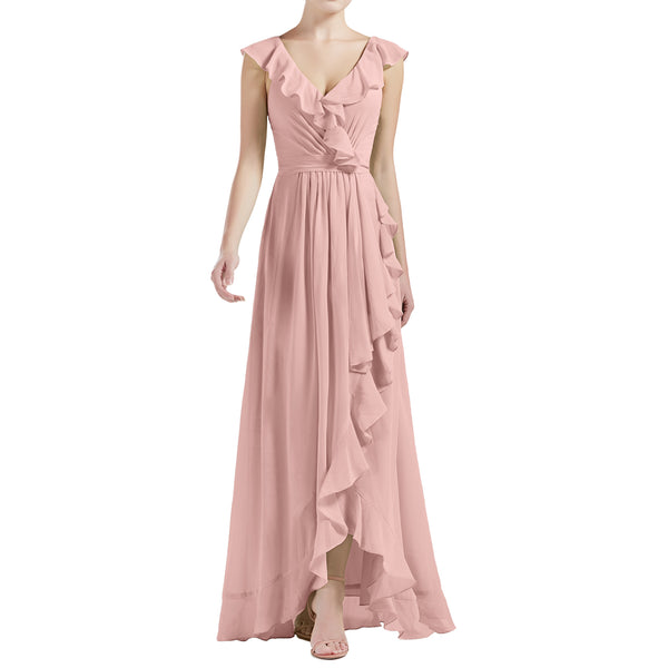 MACloth Women V Neck Ruffle Cap Sleeve Hi-Lo Long Wedding Bridesmaid Dresses